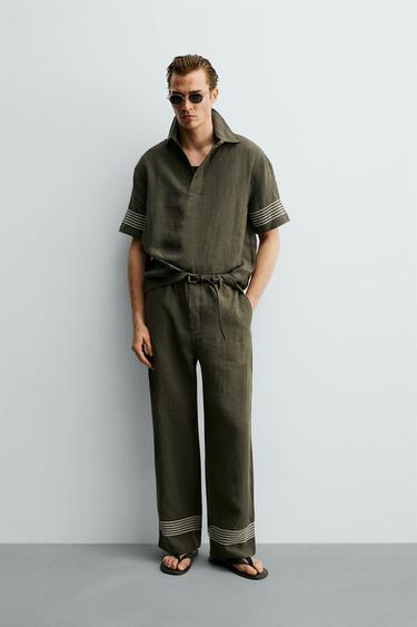 CAMISA POLO 100% LINO - Khaki oscuro de Zara - Imagen 0
