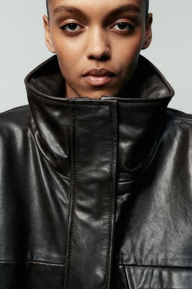 100% LEATHER JACKET ZW COLLECTION - Dark brown by Zara