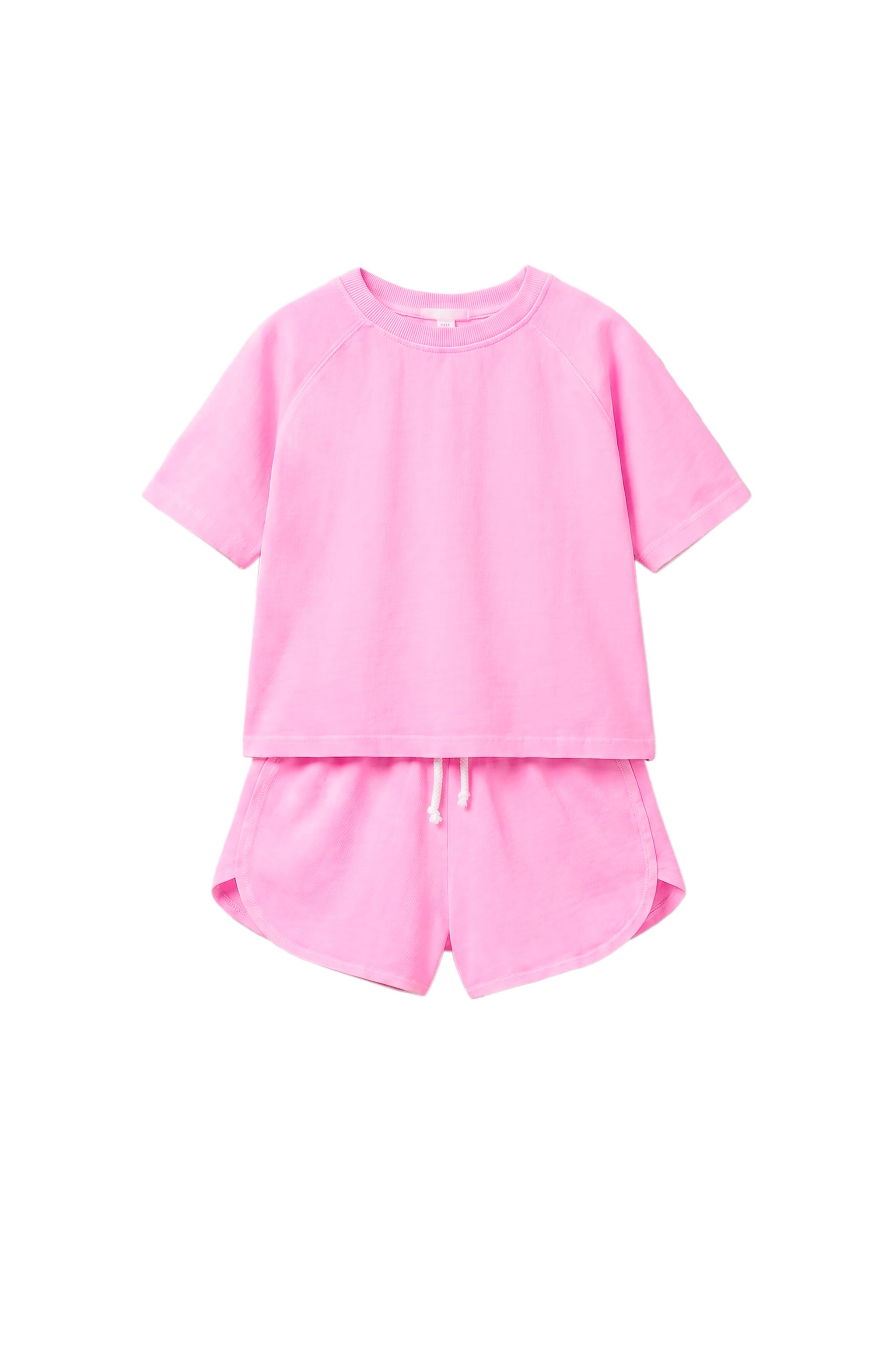 PLAIN JOGGING T-SHIRT AND SHORTS SET — Neon pink
