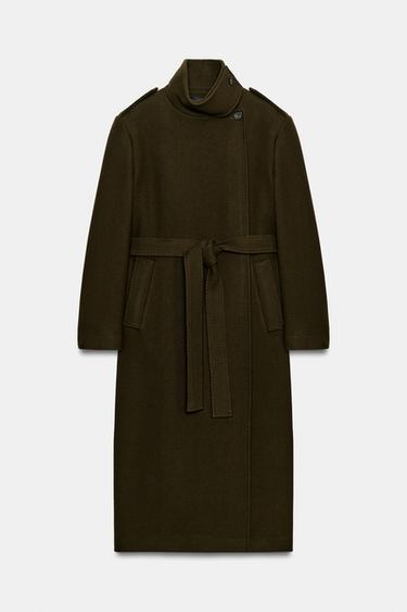 ABRIGO MEZCLA LANA CINTURÓN ZW COLLECTION - Khaki oscuro de Zara - Imagen 0