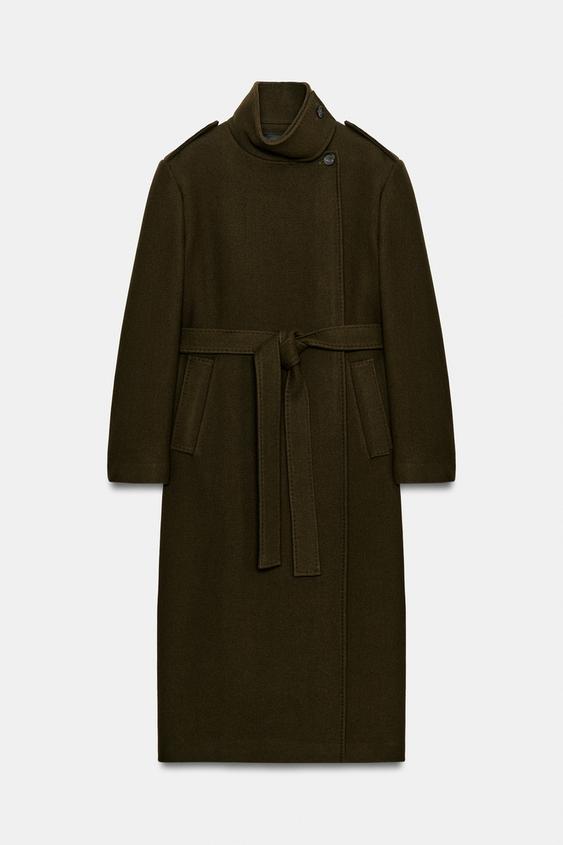 ABRIGO MEZCLA LANA CINTURÓN ZW COLLECTION - Khaki oscuro de Zara - Imagen 0