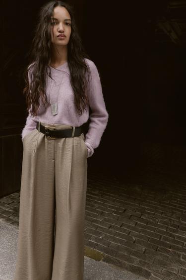 WIDE SATIN TROUSERS WITH BELT - Brown / Taupe by Zara - Image 5
