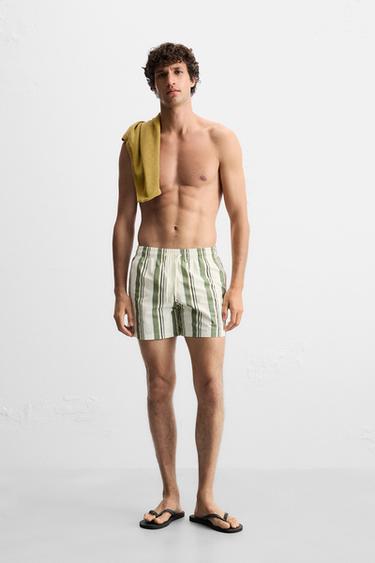 STRIPED MID-LENGTH SWIMMING TRUNKS - Ecru by Zara - Image 0