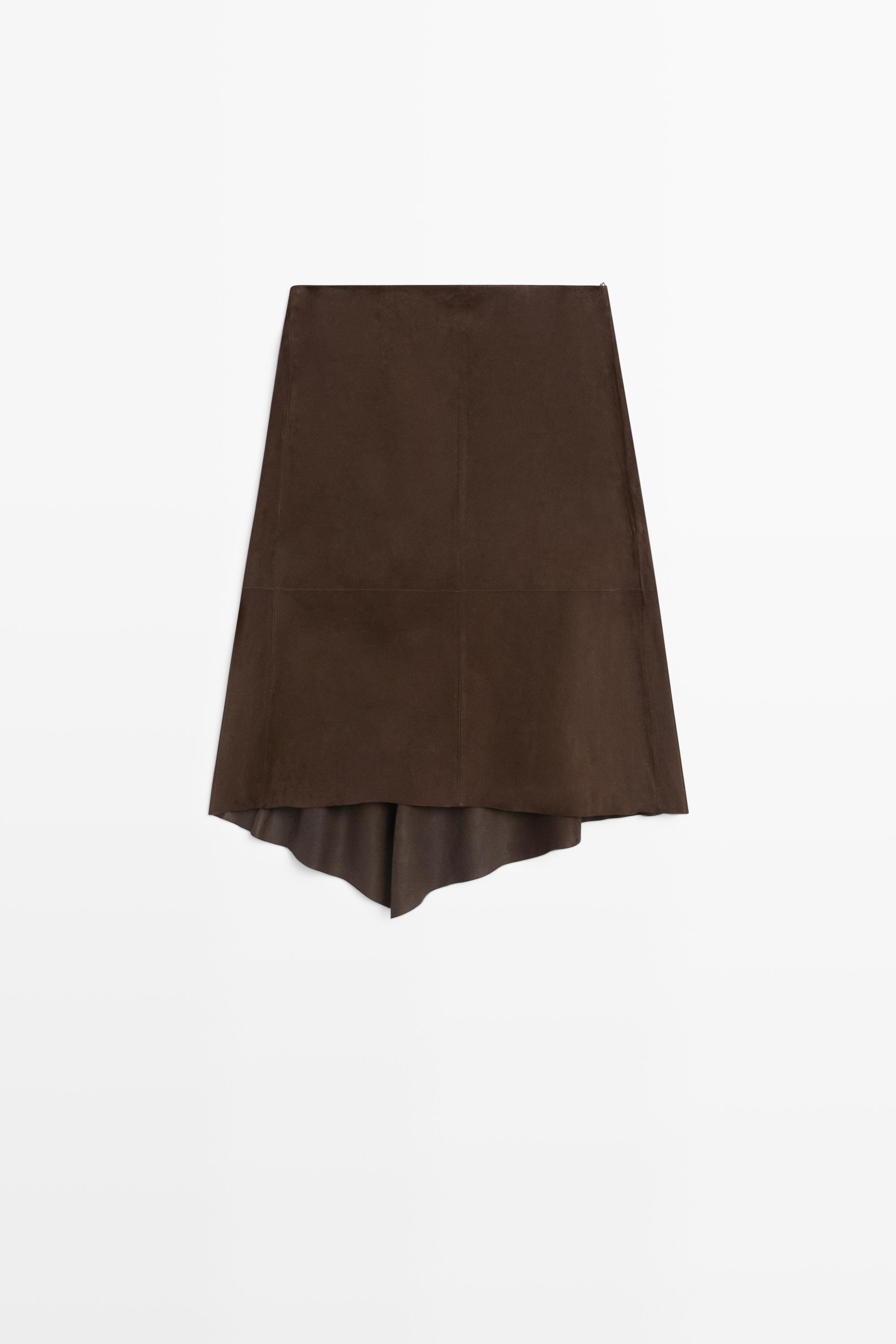 Suede leather midi skirt with ruffle detail