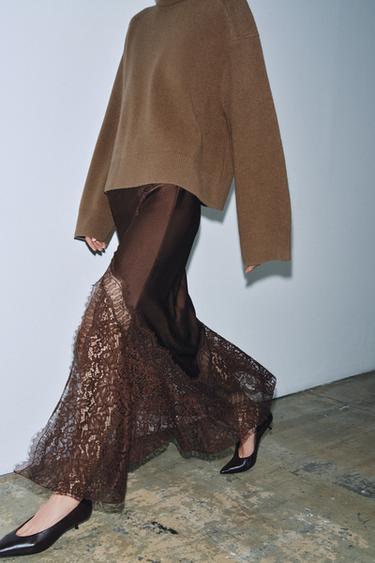 Zara SATIN EFFECT LACE SKIRT ZW COLLECTION - Brown