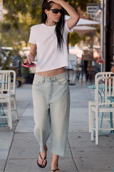 PANTALLONA JORTS DENIM TRF ME GRISJE SHTRAT I MESËM - E kaltër e hapur nga Zara