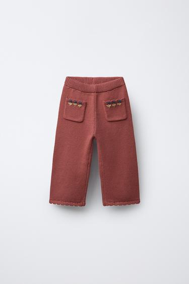 Zara EMBROIDERED FLORAL KNIT PANTS - Clay - Image 0