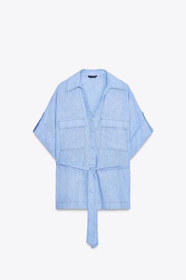 قميص سفاري من الكتان - أزرق فاتح الخاص بـ Zara