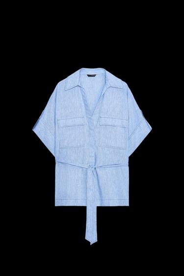 Zara LINEN SAFARI SHIRT - Light blue - Image 0