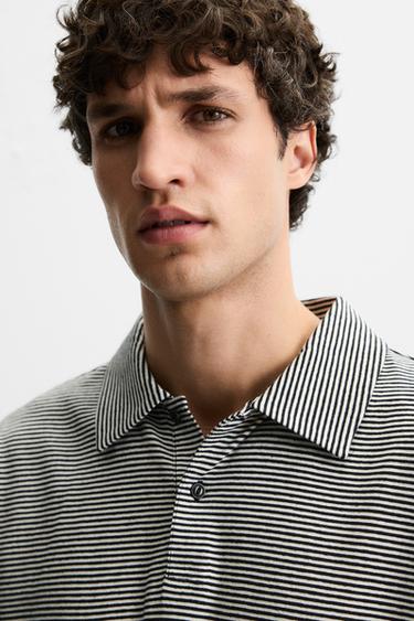 STRIPED LINEN/COTTON POLO SHIRT - Navy / White by Zara - Image 4