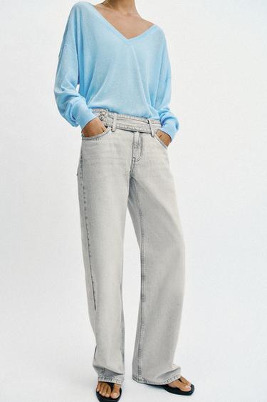 Zara Z1975 RAVNE FARMERKE SA KAIŠEM I NISKIM STRUKOM – svetlosiva