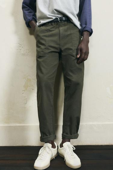 Zara WASHED STRAIGHT FIT PANTS - Dark khaki
