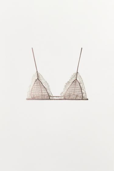 TEXTURED LACE TRIANGLE BRALETTE - Grey / Beige by Zara