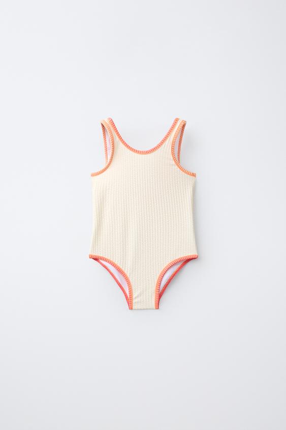 AGES 6-14 / SEERSUCKER SWIMSUIT WITH CONTRAST PIPING - Ecru by Zara - Image 0