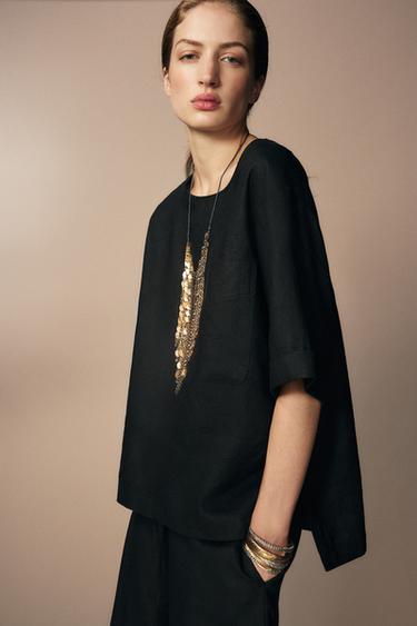 100% LINEN BLOUSE WITH POCKET ZW COLLECTION - Black by Zara