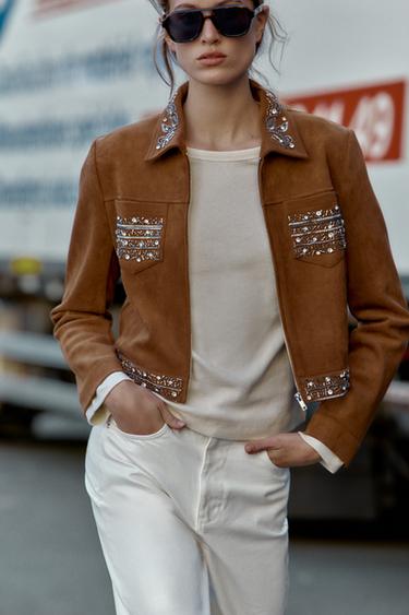 FAUX SUEDE STUDDED JACKET - Brown by Zara