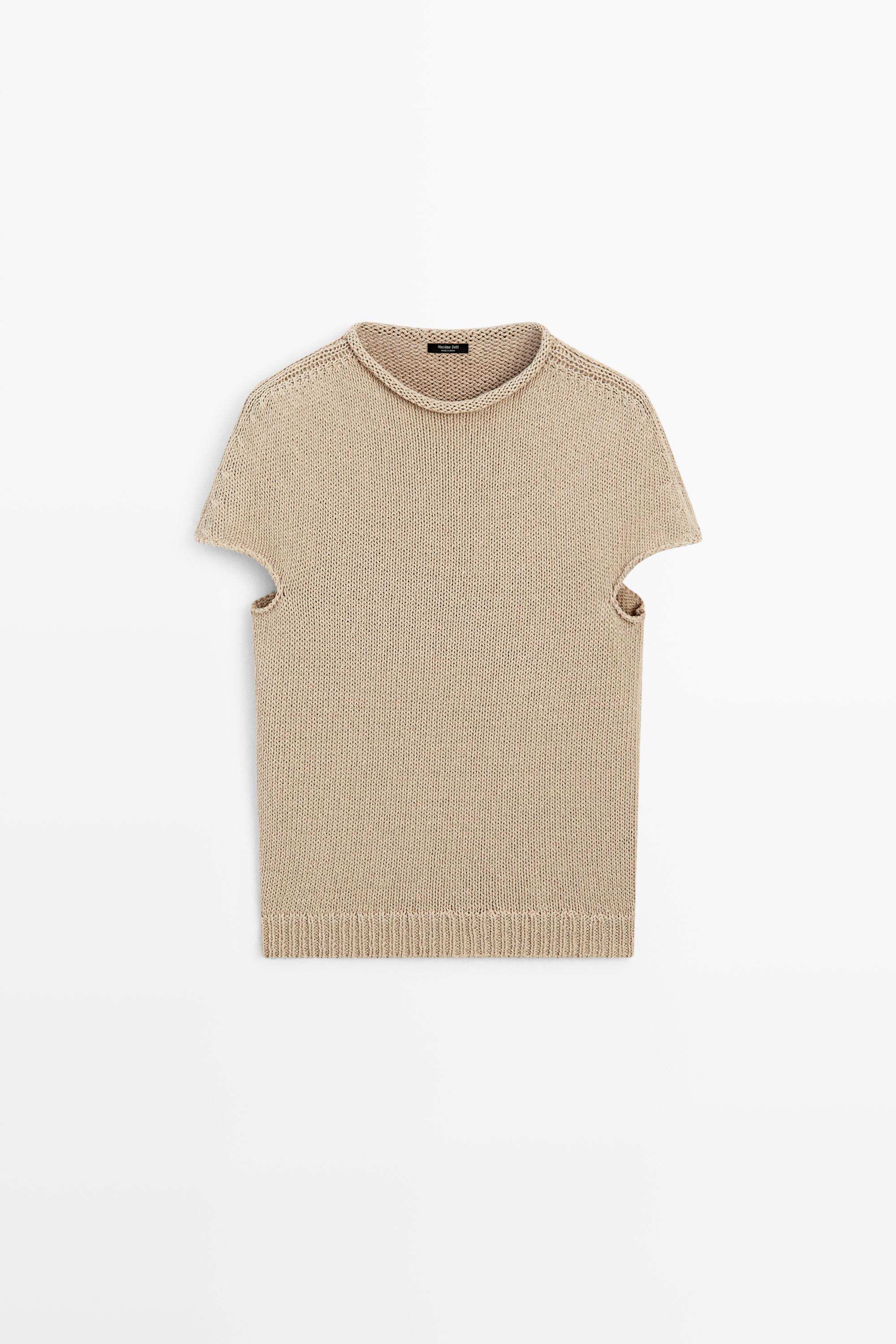 Cotton blend short sleeve roll neck sweater