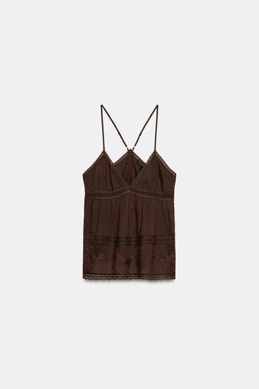 EMBROIDERED CHIFFON STRAPPY TOP - Brown by Zara - Image 5