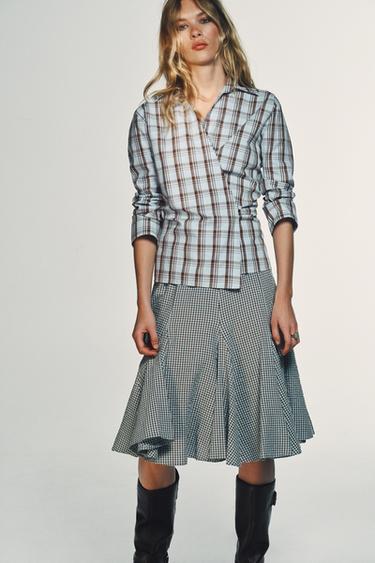 GINGHAM GODET MIDI SKIRT - Brown-Blue by Zara - Image 2