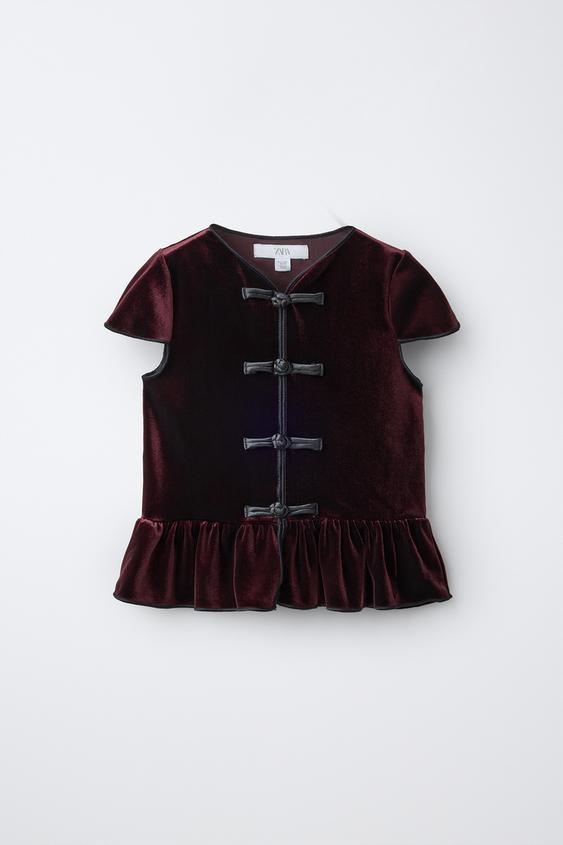 VELVET T-SHIRT WITH FROG FASTENING - Brown by Zara - Image 0