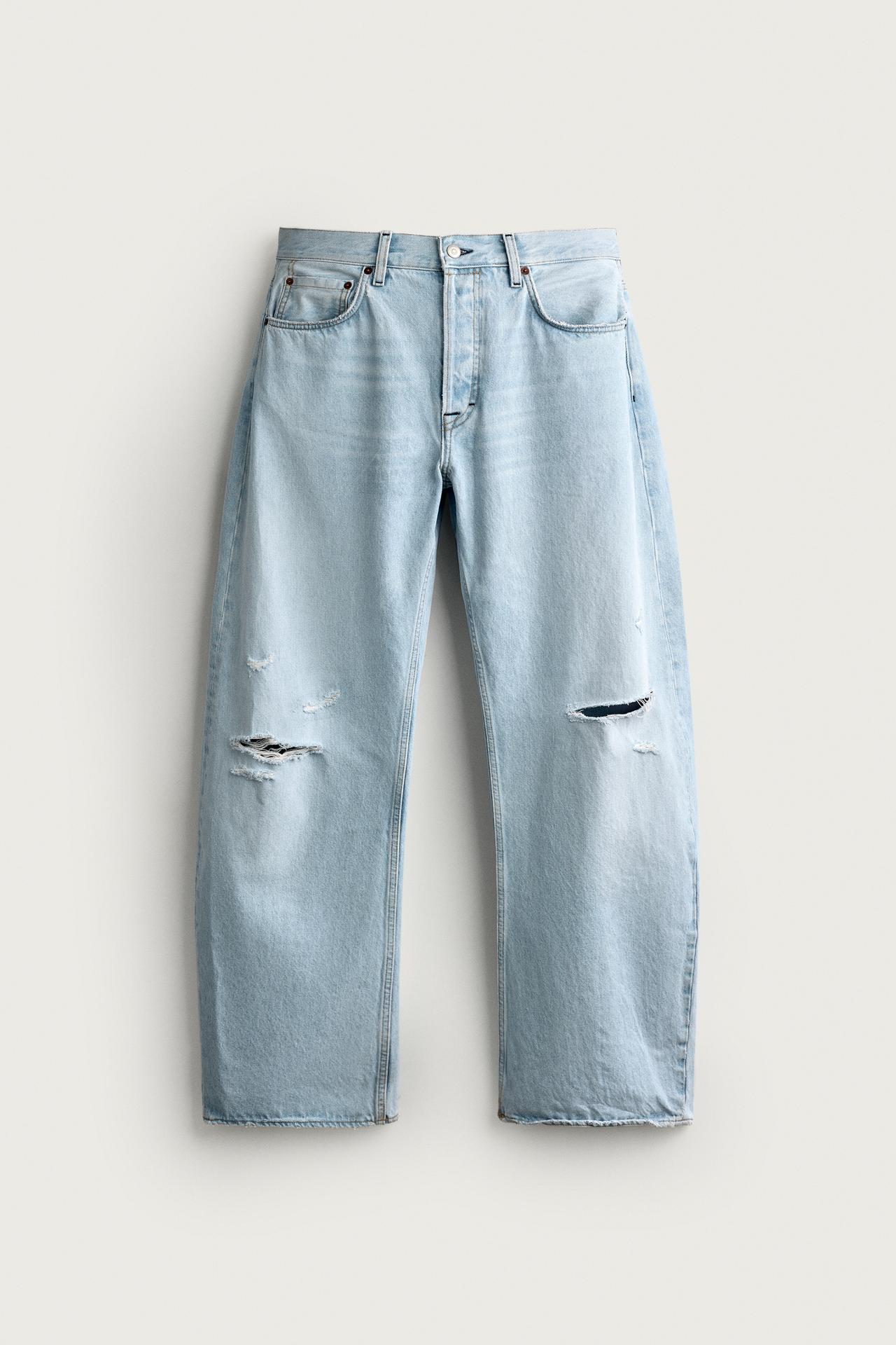 RIPPED BARREL FIT JEANS — Light blue