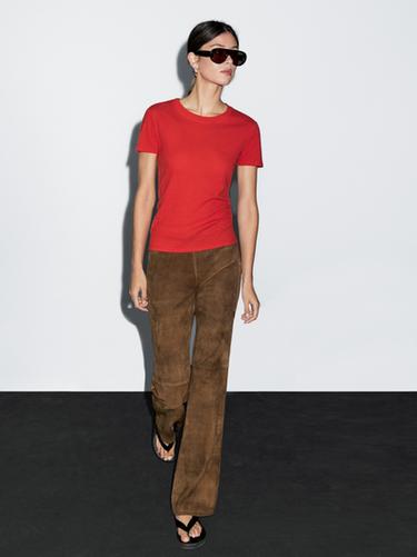 Zara Textured crepe-effect cotton T-shirt - Red