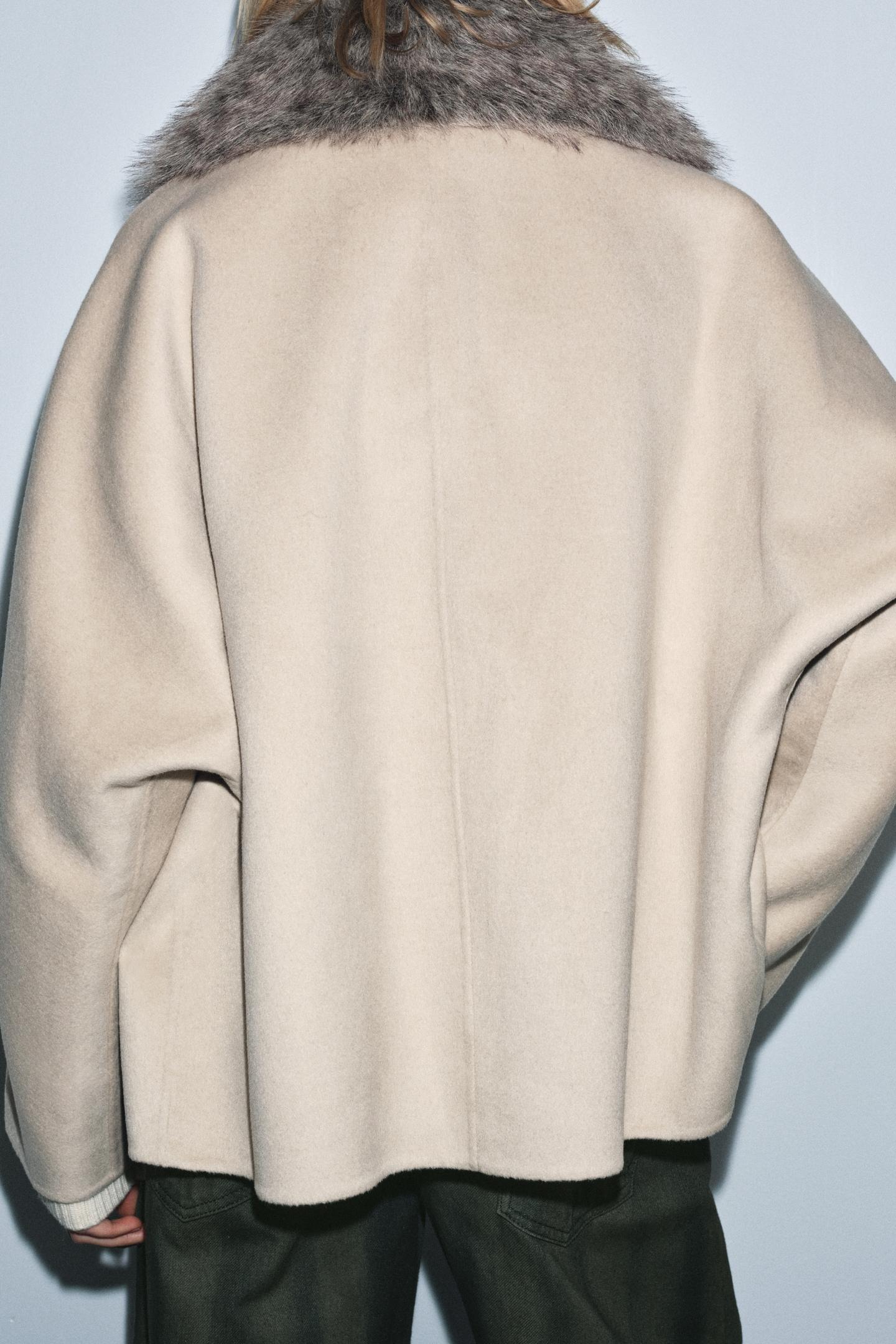 Женская куртка Zara ZW Collection Wool Blend with Faux Fur Collar, цвет: Бежевый — фото 3