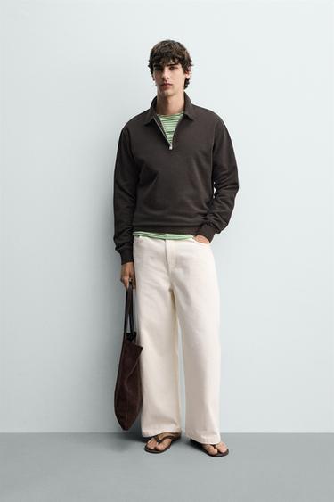 QUARTER-ZIP POLO SWEATSHIRT - Chocolate brown by Zara