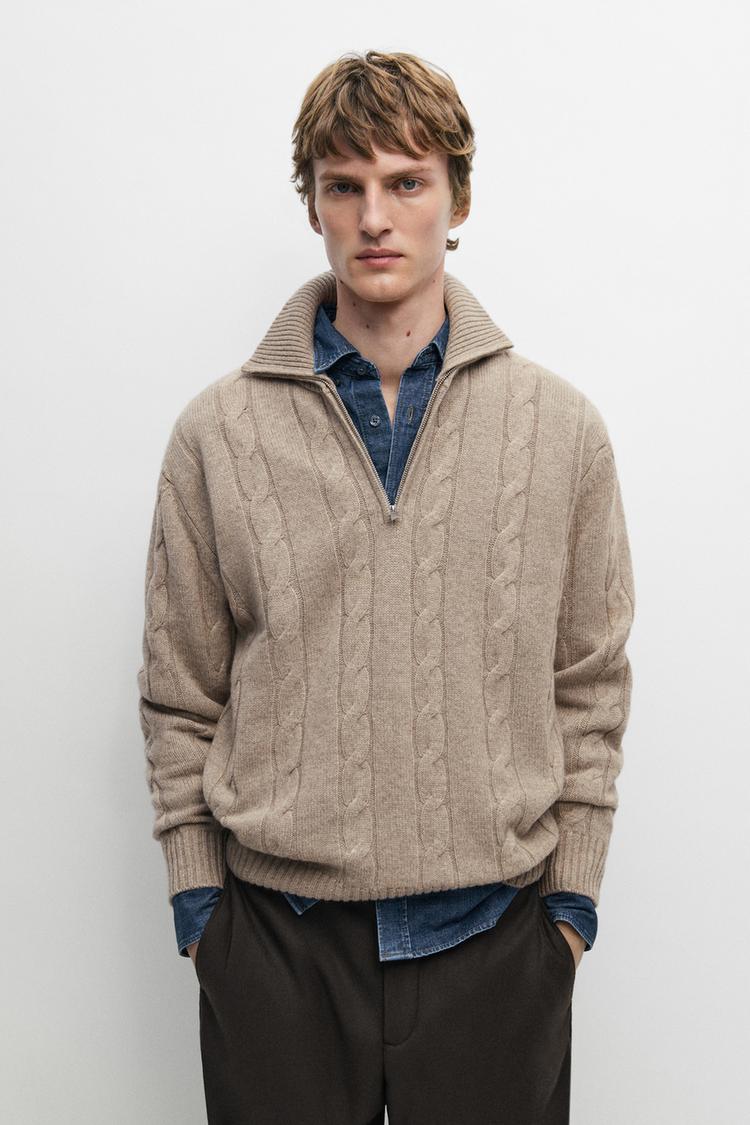 Cable knit mock neck sweater — Stone