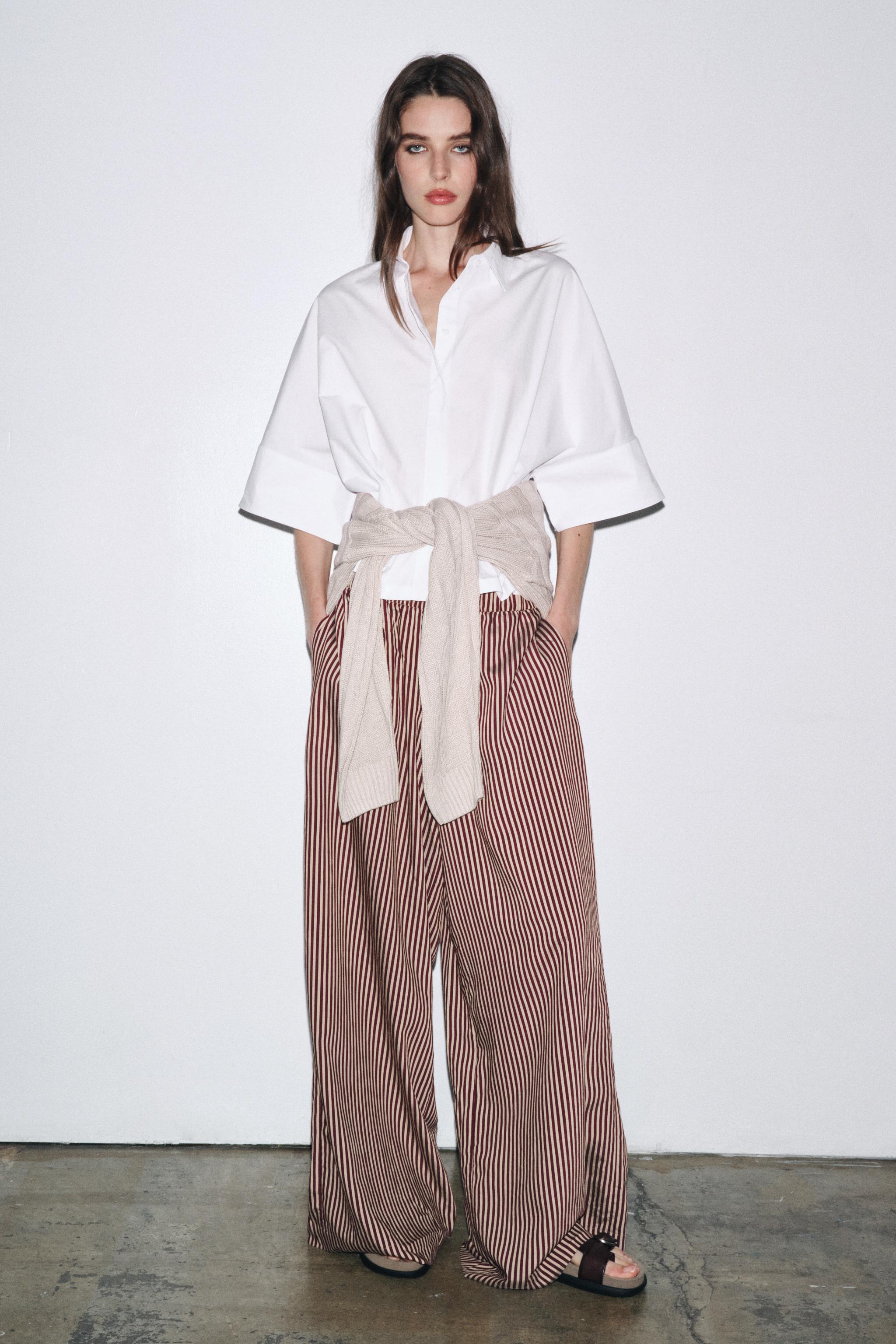 パンツ PLAIN FW25 RIBBED PANTS (3437VB4038 73MILITARE) ZW COLLECTION STRIPED FLOWY PANTS - Blue / White | ZARA