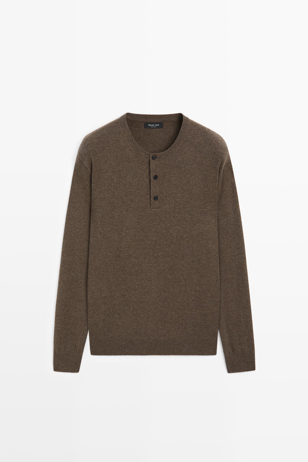 Wool-blend knit henley neck sweater — Brown / White