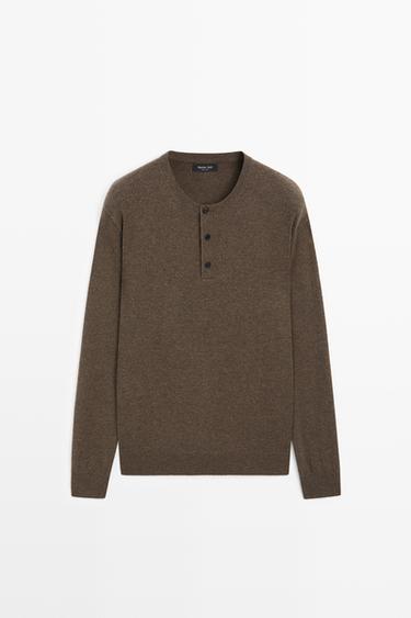 Wool-blend knit henley neck sweater — Brown / White 1
