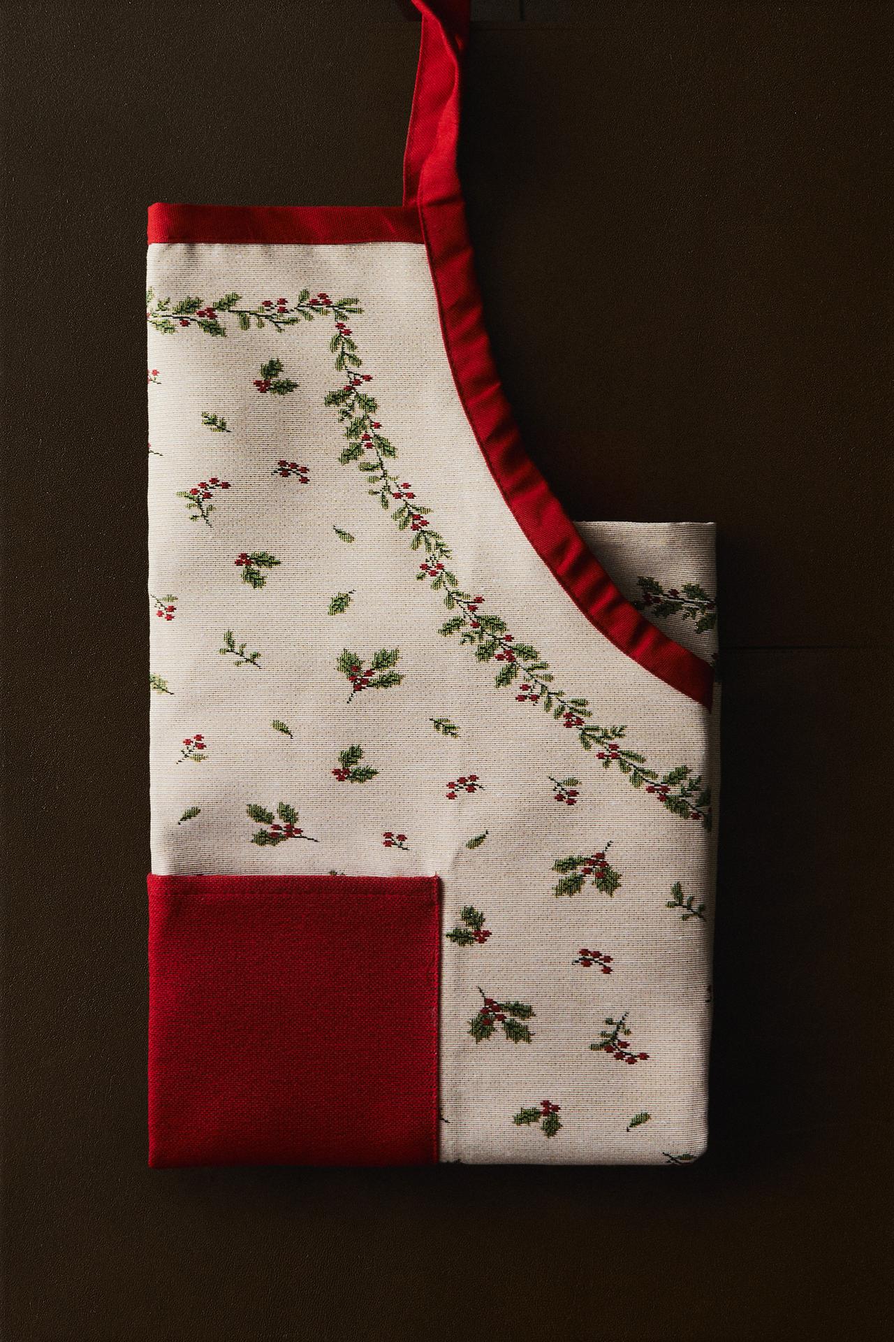 CHRISTMAS HOLLY JACQUARD COTTON APRON — Red
