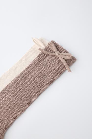 Zara 2 雙裝蝴蝶結長襪 - 淺米色