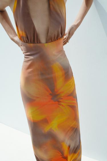 Zara PRINTED TULLE MIDI HALTER DRESS - Khaki