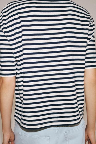 T-SHIRT RAYURES MANCHES COURTES - Écru / Bleu marine de Zara - Image 2
