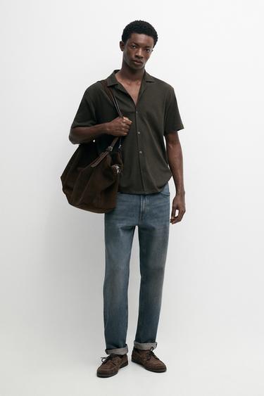 Zara Linen and cotton short sleeve shirt - Khaki - Image 0