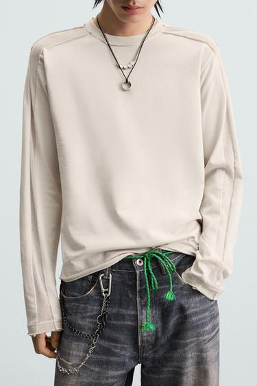 Zara T-SHIRT WITH MESH TRIM - Ecru