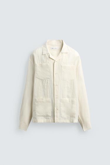RELAXED FIT 100% LINEN PLEATED SHIRT - Ecru by Zara