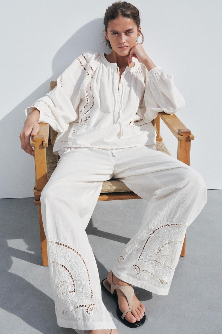 PANTALÓN PIJAMERO BORDADO ZW COLLECTION Crudo ZARA Chile