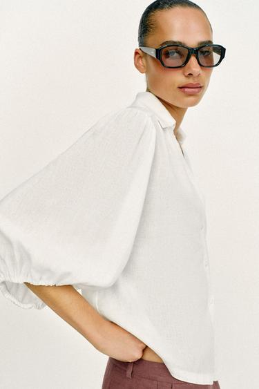 Zara LINEN BLEND PUFF SLEEVE SHIRT - White