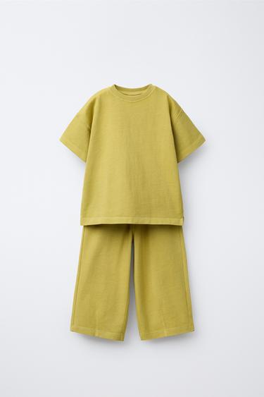 Zara PLAIN WIDE LEG T-SHIRT AND PANTS SET - Olive green