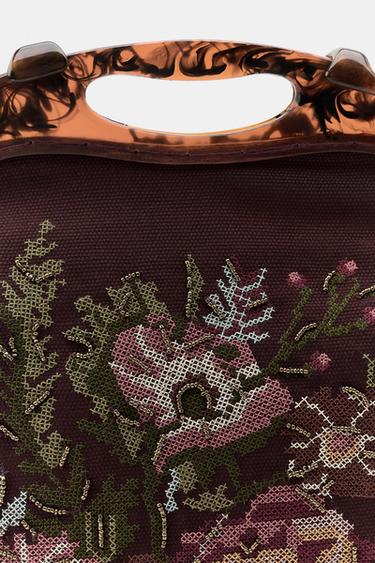 FLORAL EMBROIDERED BAG WITH TORTOISESHELL HANDLE - Aubergine by Zara - Image 4