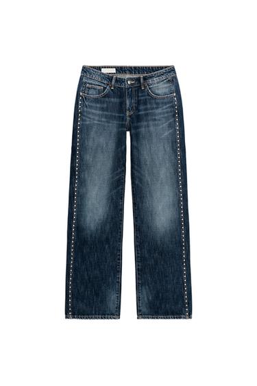 Zara TRF LOW RISE WIDE LEG STUDDED JEANS - Blue