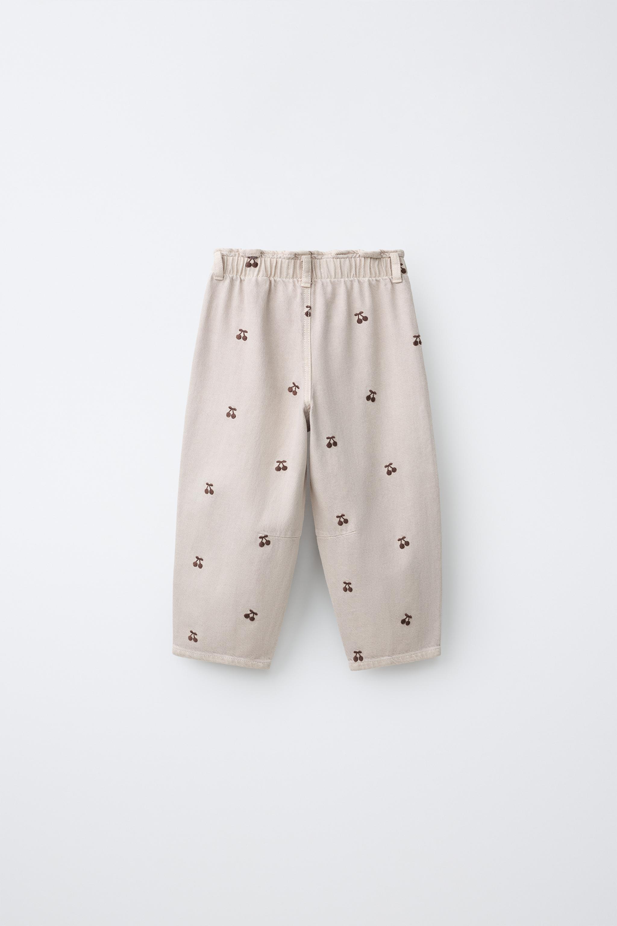 EMBROIDERED CHERRY BAGGY TWILL PANTS — Beige