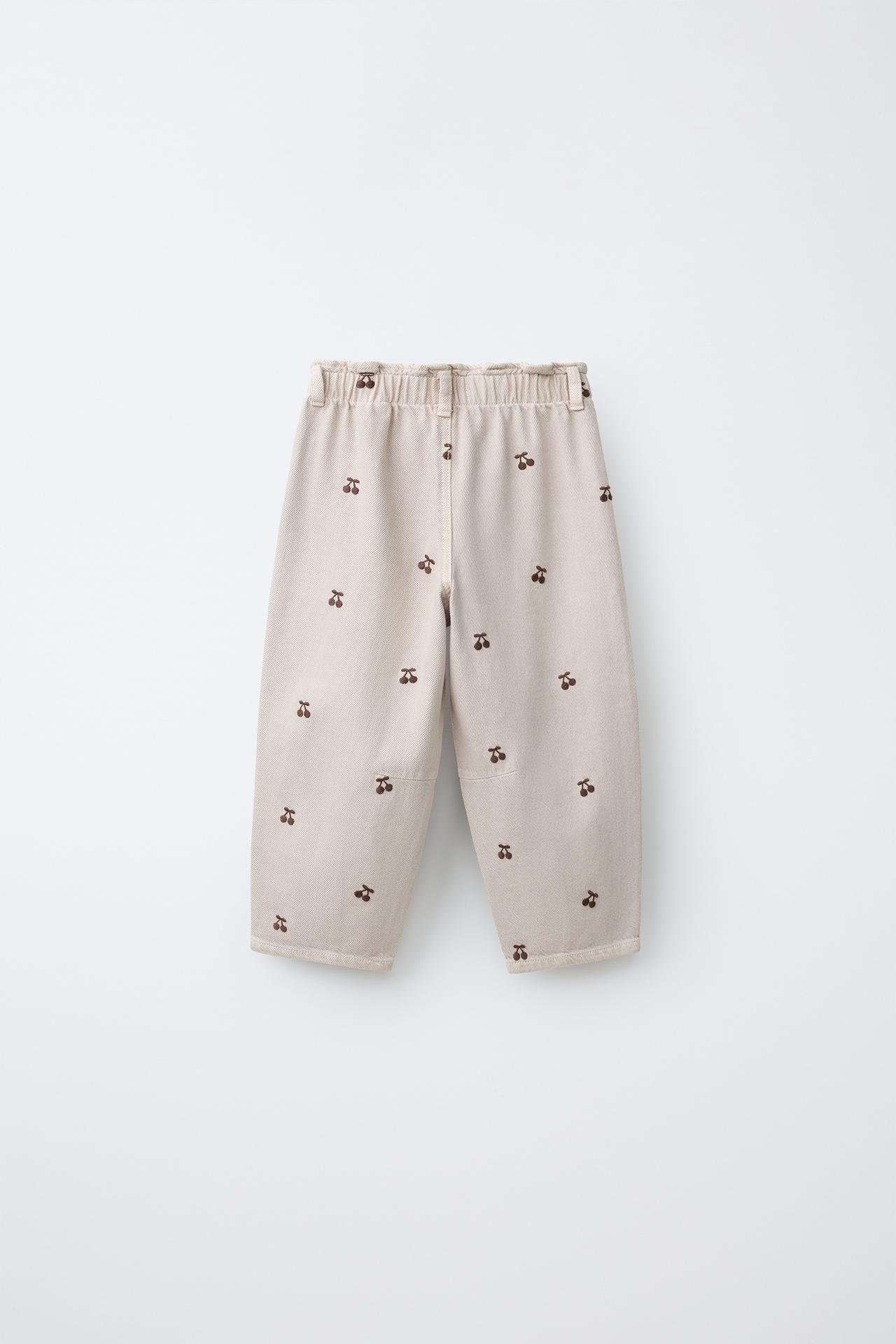EMBROIDERED CHERRY BAGGY TWILL PANTS — Beige