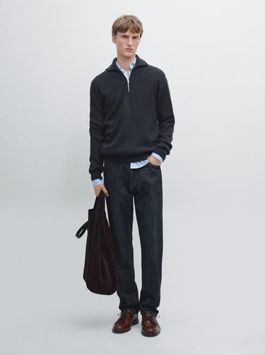 Zara Mock neck knit sweater with zip - Navy blue - Image 0