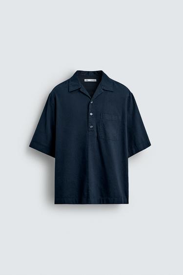 COTTON/LINEN POLO SHIRT - Navy blue by Zara