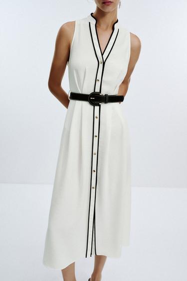 CONTRAST TRIM MIDI DRESS WITH BELT - Oyster-white by Zara - Image 4