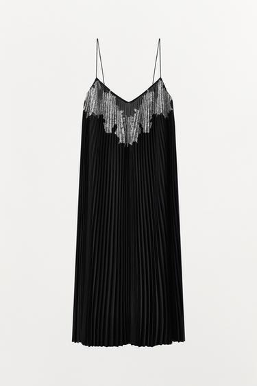 PLEATED DRESS WITH EMBROIDERY AND LACE - Black by Zara - Image 6